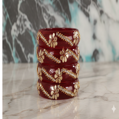 Red Floral Designer Glass Bangle Set of 2 – Stone & Bead Work