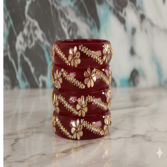 Red Floral Designer Glass Bangle Set of 2 – Stone & Bead Work
