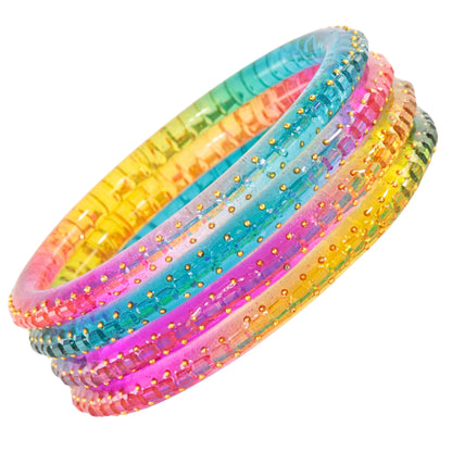 Rainbow Multicolor Acrylic Bangle Set of 2 – Glossy with Golden Detailing