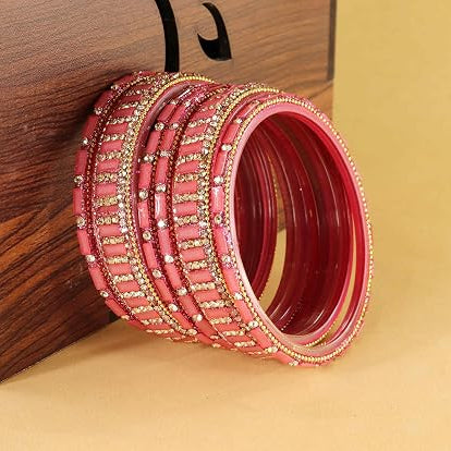 Glass Bangles Kada Set  With Zircon Stone Work - Pack of 6
