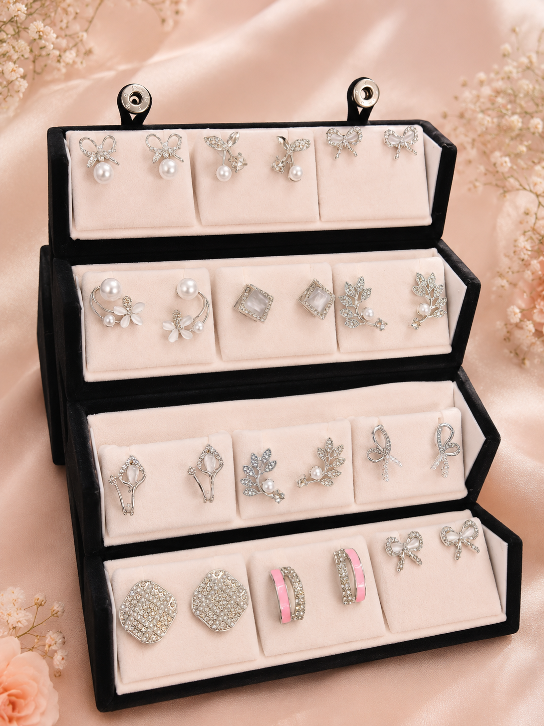 Korean Zircon & Pearl Silver Earrings Combo- Pack of 12