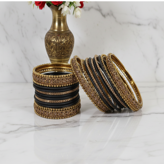 Black & Gold Bangle Set of 2 – Matte Finish with Stone-Studded Kada
