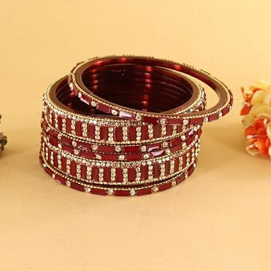 Glass Bangles Kada Set  With Zircon Stone Work - Pack of 6