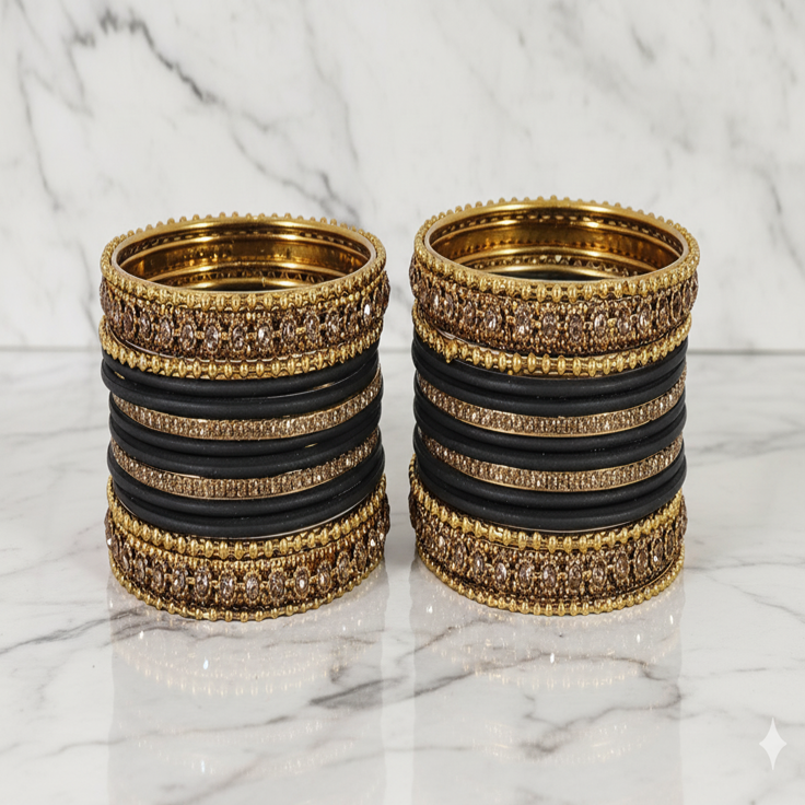 Black & Gold Bangle Set of 2 – Matte Finish with Stone-Studded Kada