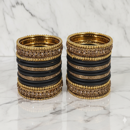 Black & Gold Bangle Set of 2 – Matte Finish with Stone-Studded Kada