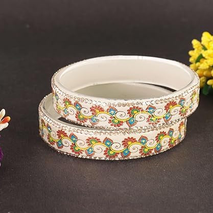 White Floral Design Glass Kada Bangles for Women & Girls | Stone Work Designer Bangles | Set of 2