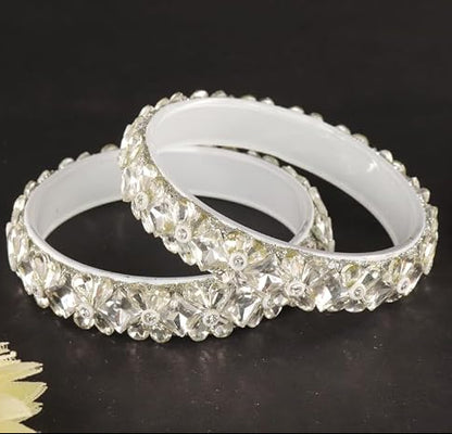 Glass Kada Bangles With Zircon Stones & Kundan Beads Work- Pack of 2