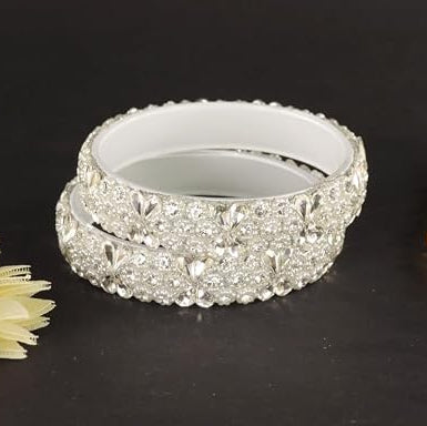 Glass Kada Bangles With Zircon Stone & Kundan Beads - Pack of 2