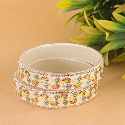 White Floral Design Glass Kada Bangles for Women & Girls | Stone Work Designer Bangles | Set of 2