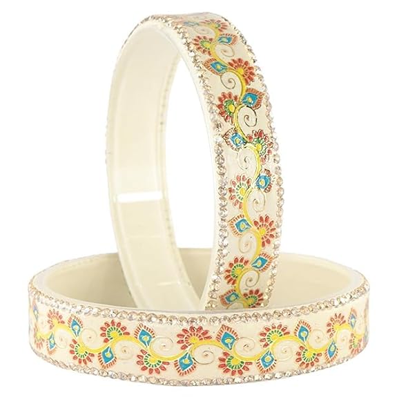 White Floral Design Glass Kada Bangles for Women & Girls | Stone Work Designer Bangles | Set of 2