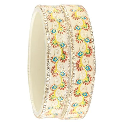 White Floral Design Glass Kada Bangles for Women & Girls | Stone Work Designer Bangles | Set of 2