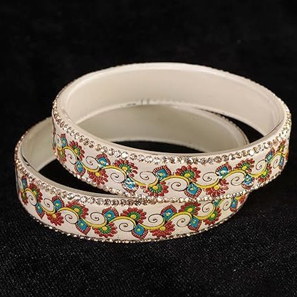 White Floral Design Glass Kada Bangles for Women & Girls | Stone Work Designer Bangles | Set of 2