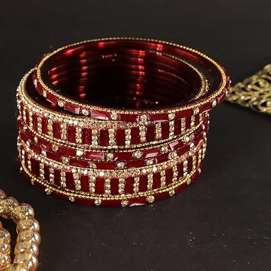 Glass Bangles Kada Set  With Zircon Stone Work - Pack of 6