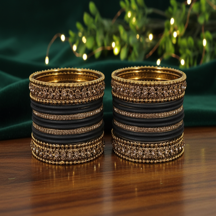Black & Gold Bangle Set of 2 – Matte Finish with Stone-Studded Kada