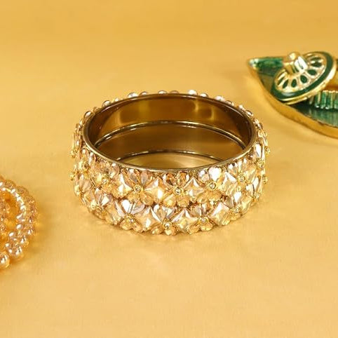 Glass Kada Bangles With Zircon Stones & Kundan Beads Work- Pack of 2
