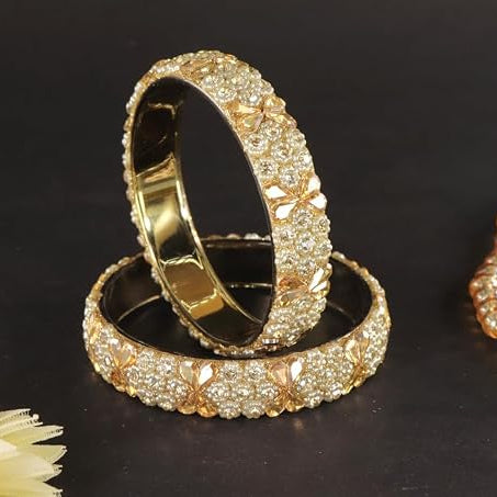 Glass Kada Bangles With Zircon Stone & Kundan Beads - Pack of 2