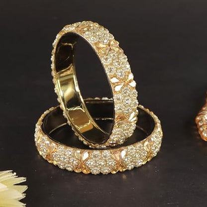 Glass Kada Bangles With Zircon Stone & Kundan Beads - Pack of 2