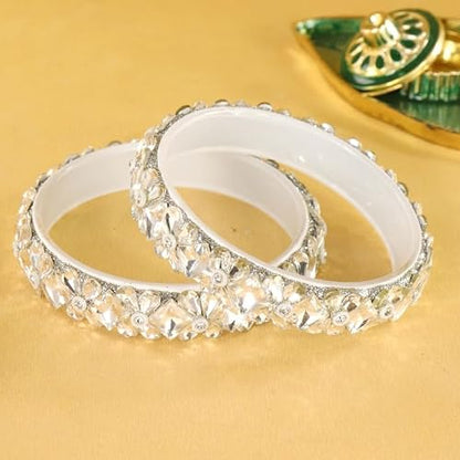 Glass Kada Bangles With Zircon Stones & Kundan Beads Work- Pack of 2
