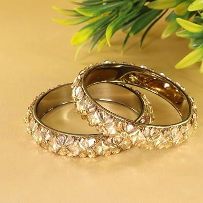 Glass Kada Bangles With Zircon Stones & Kundan Beads Work- Pack of 2