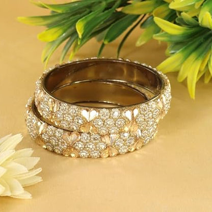 Glass Kada Bangles With Zircon Stone & Kundan Beads - Pack of 2