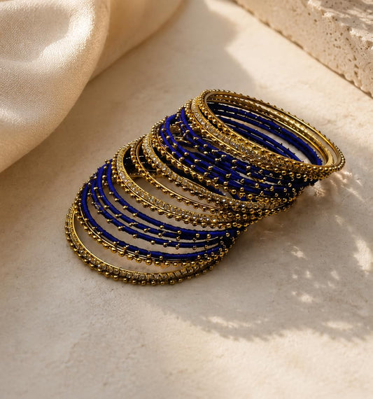 Royal Blue Thread Bangles with Golden Beads Set - Set Of 20