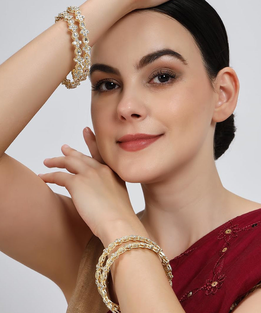 Gold Metal with Zircon Diamond & Kundan Stone Bangles - Set of 4