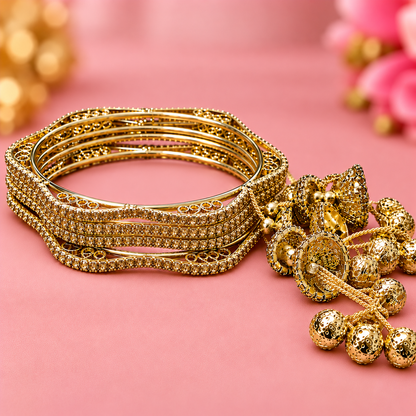 Gold Plated Designer Bangles Set with Sparkling Stone Work - Set Of 4