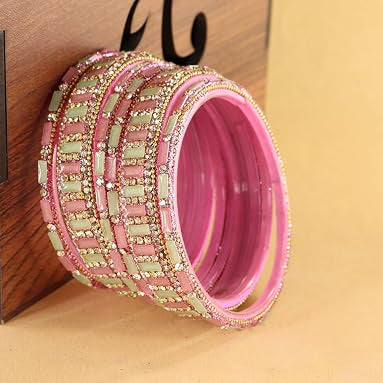 Glass Bangles Kada Set  With Zircon Stone Work - Pack of 6
