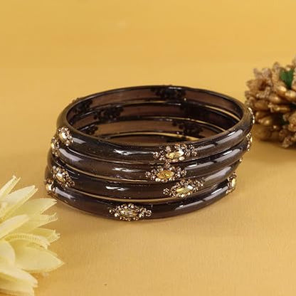 Glass Bangles set With Golden Crystal-Zircon Stone & Floral Work- Pack of 4