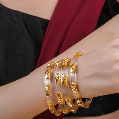Transparent Glass Kada Set With Golden Zircon Stones & Kundan - Pack of 4