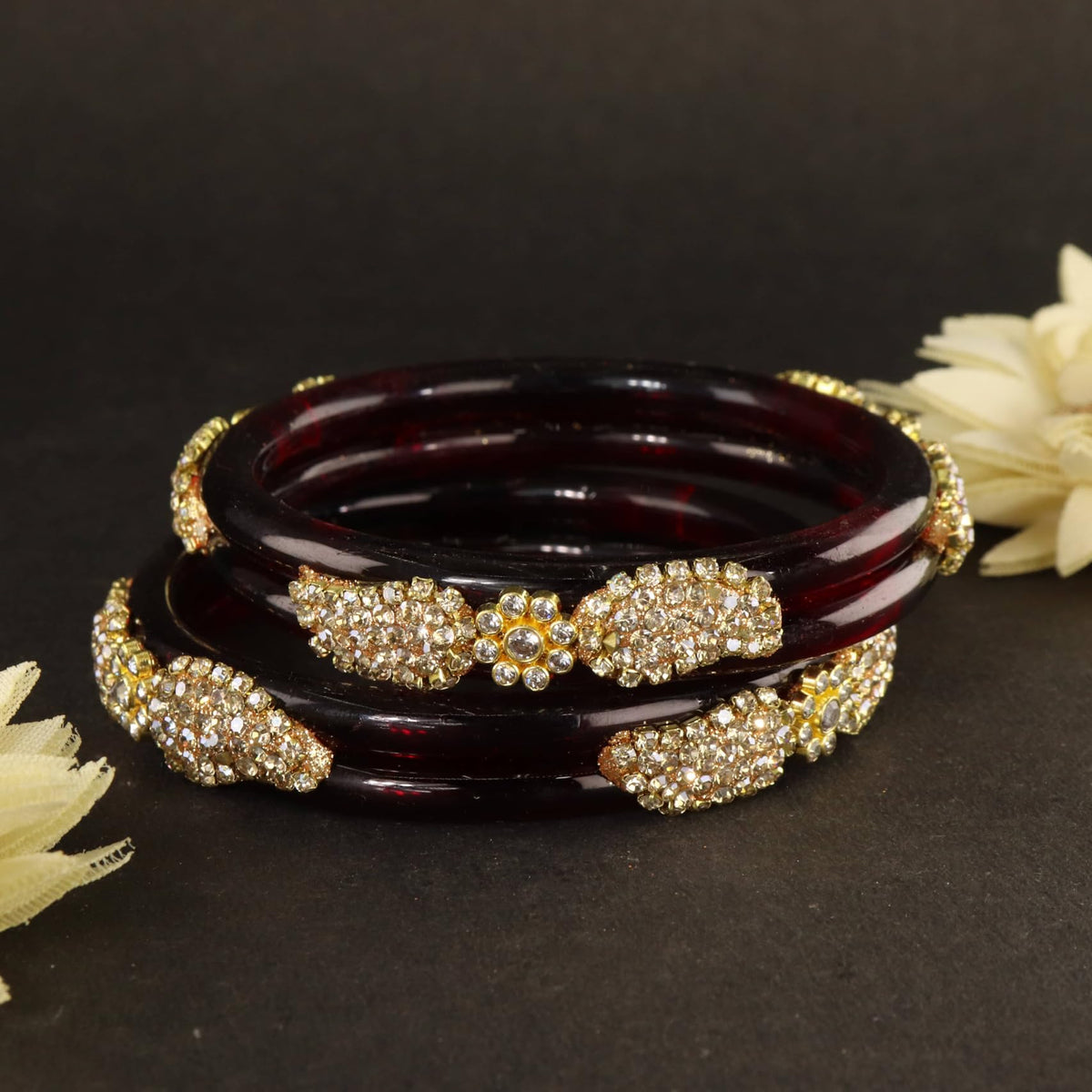 Maroon Glass Bangle with Gold-Tone Rhinestone Kada -Set Of 2
