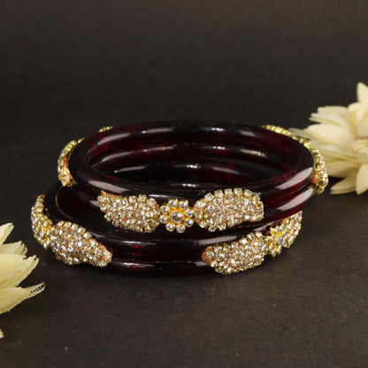 Maroon Glass Bangle with Gold-Tone Rhinestone Kada -Set Of 2