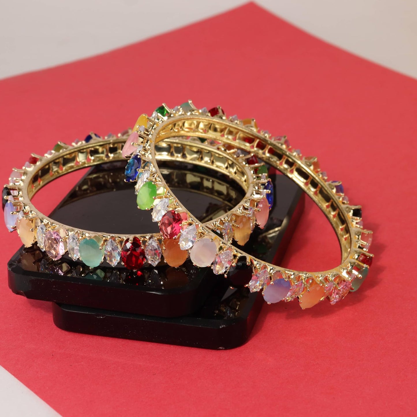 Traditional Alloy Metal Kada Bangles for Women & Girls | Multi-Color Zircon Diamond Studded Design | Pack of 2