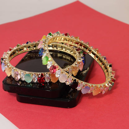 Traditional Alloy Metal Kada Bangles for Women & Girls | Multi-Color Zircon Diamond Studded Design | Pack of 2