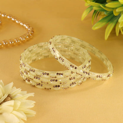 Cream Glass Bangles Set with Crystal Stone Work - Set of 4