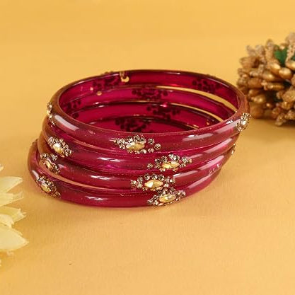 Glass Bangles set With Golden Crystal-Zircon Stone & Floral Work- Pack of 4