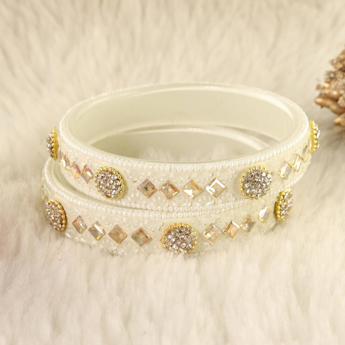 Cream Floral Embossed Pattern with Square Stone Kada- Set of 2