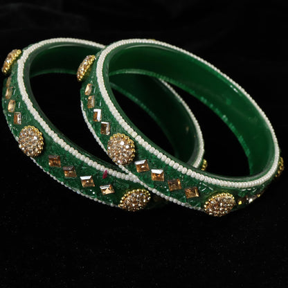 Green Floral Embossed Pattern with Square Stone Kada- Set of 2