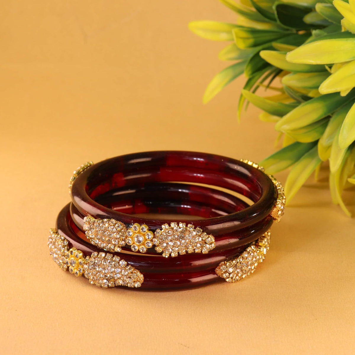 Maroon Glass Bangle with Gold-Tone Rhinestone Kada -Set Of 2