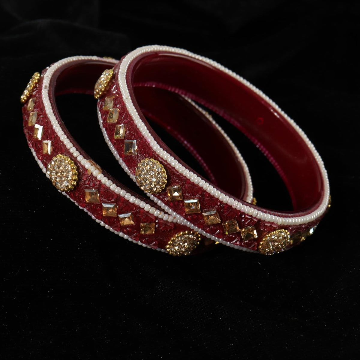 Maroon Floral Embossed Pattern with Square Stone Kada- Set of 2