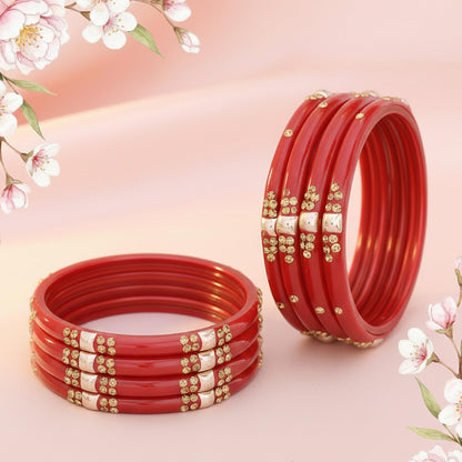 Set of 8 Red Glossy Bangles with Golden Floral Detailing