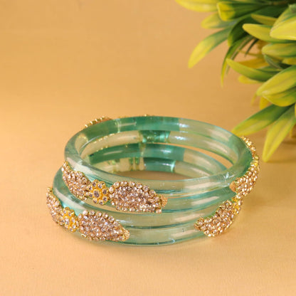 SkyBlue Glass Bangle with Gold-Tone Rhinestone Kada -Set Of 2