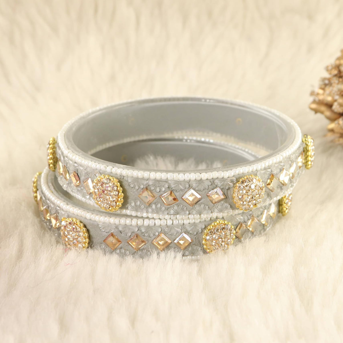 Grey Floral Embossed Pattern with Square Stone Kada- Set of 2