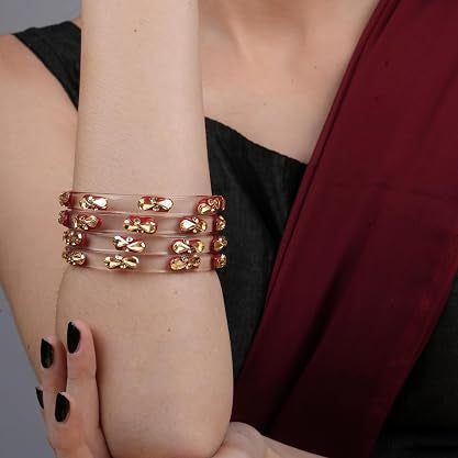 Transparent Glass Kada Set With Golden Zircon Stones & Kundan - Pack of 4