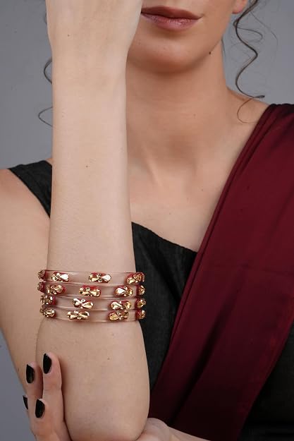 Red Glass Kada Set With Golden Zircon Stones & Kundan - Pack of 4