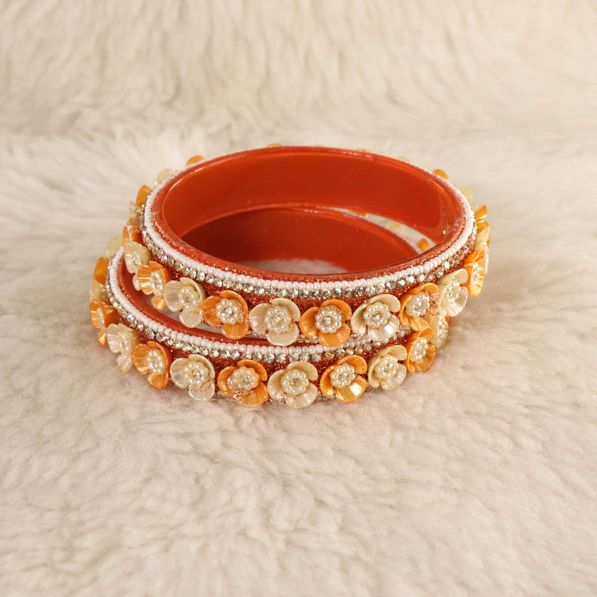 Orange Premium Floral Pearl Studded Kada Set - Set of 2