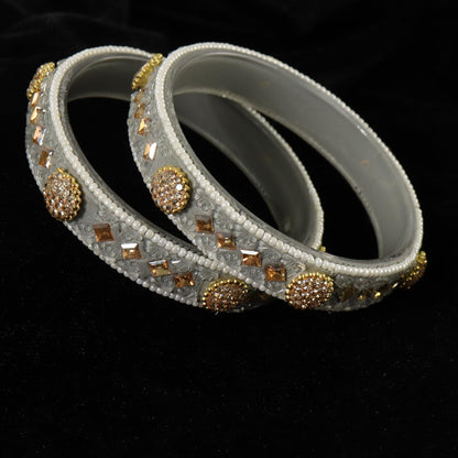Grey Floral Embossed Pattern with Square Stone Kada- Set of 2