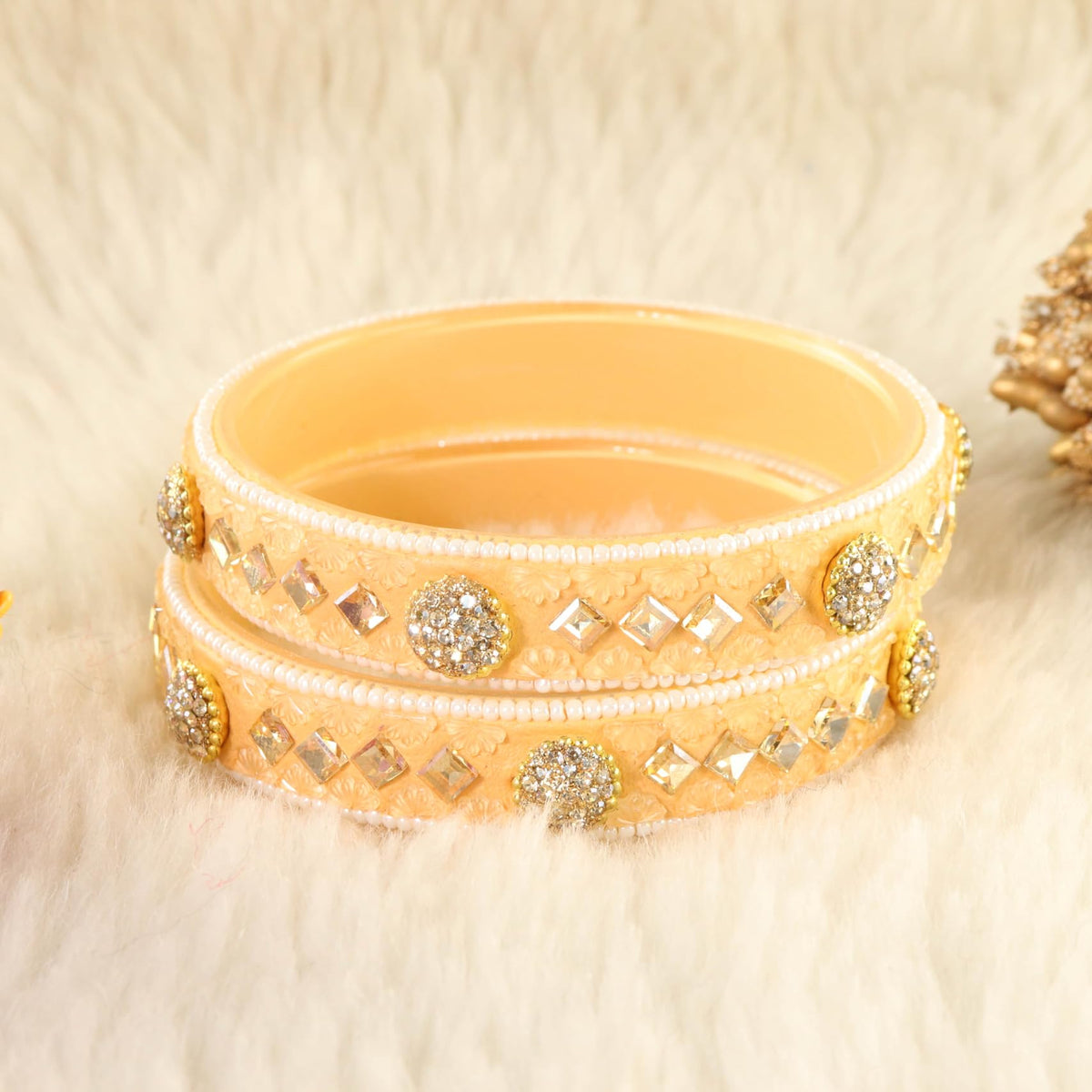 Peach Floral Embossed Pattern with Square Stone Kada- Set of 2