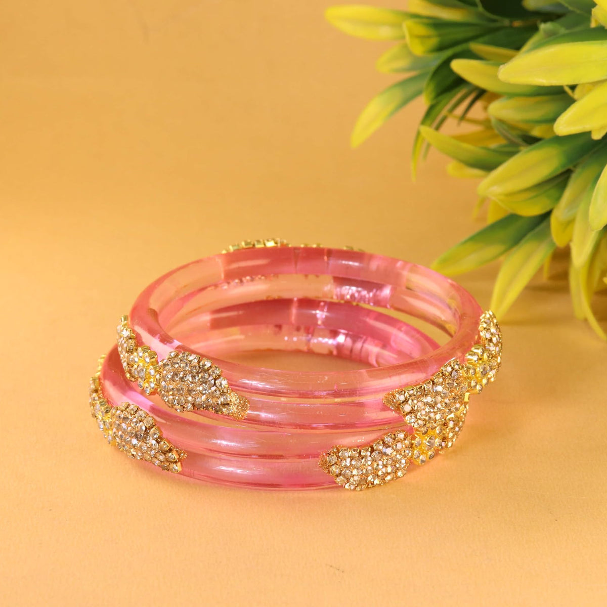 Pink Glass Bangle with Gold-Tone Rhinestone Kada -Set Of 2