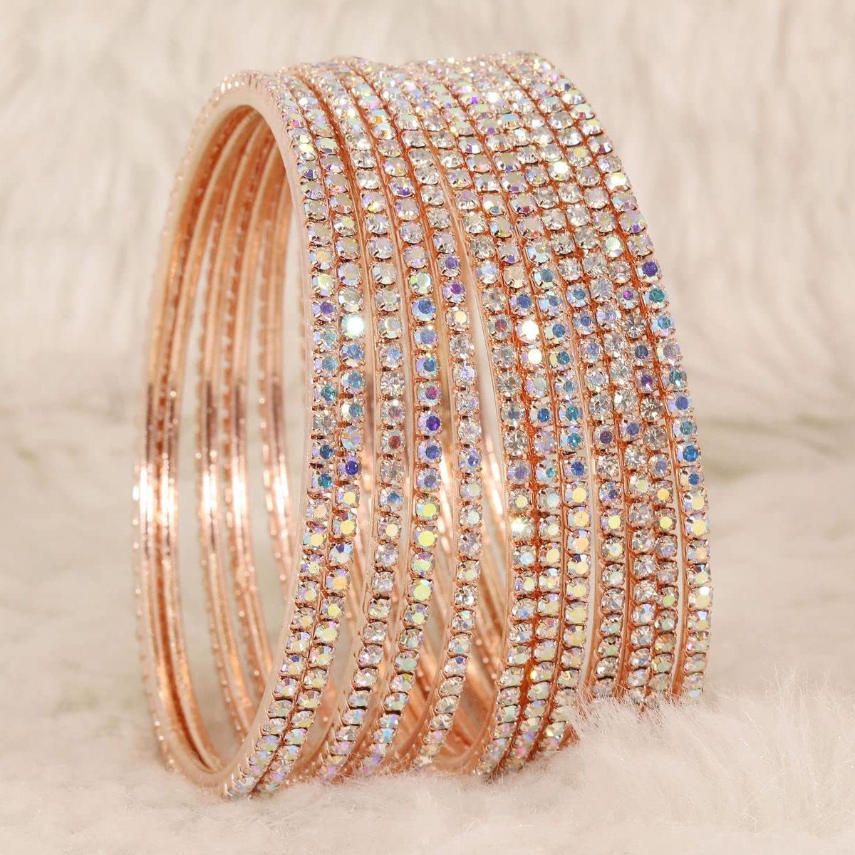 Rose Gold Zircon Studded Sleek Glossy Bangles Set of 12
